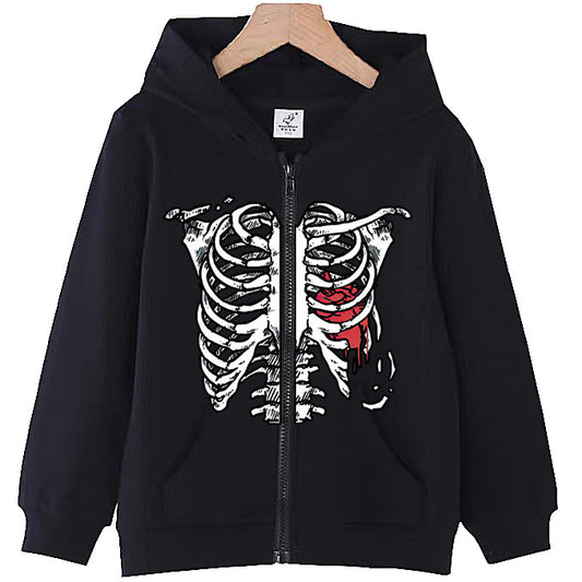 Ribbed Heart Print Zip-Up Casual Loose hoodies