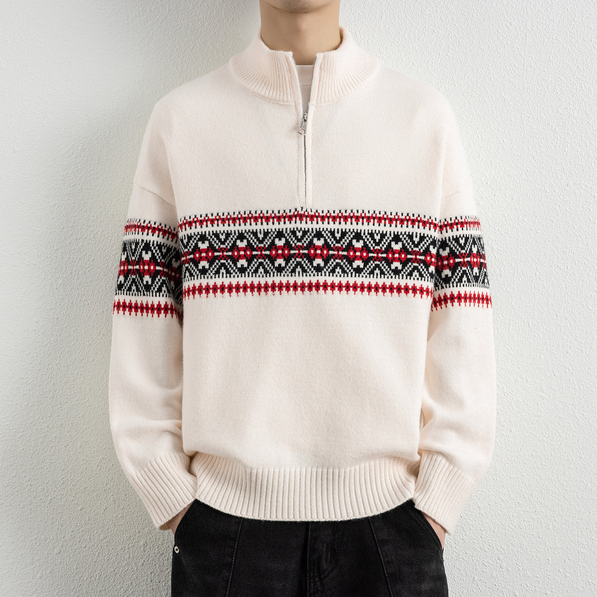 Men's Casual Ethnic Jacquard Stand Collar Half-Zip Knit Sweater