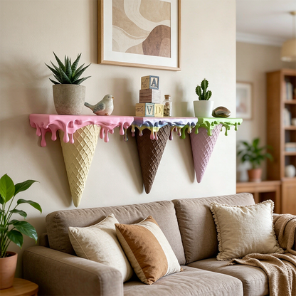 3D Printed Melting Ice Cream Floating Shelf – Wall-Mounted Drip Wall Decor, Funny Irregular Artistic Storage Rack