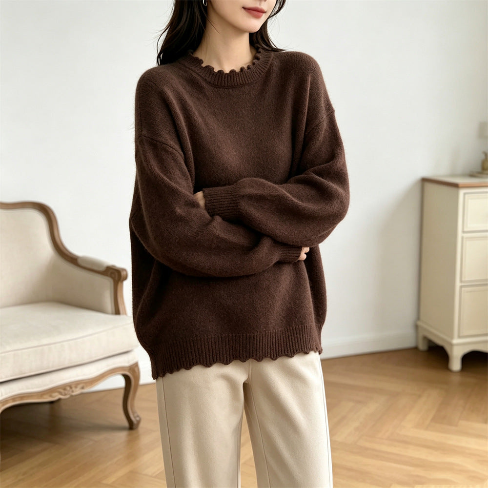 Solid color lace long sleeved pullover sweater