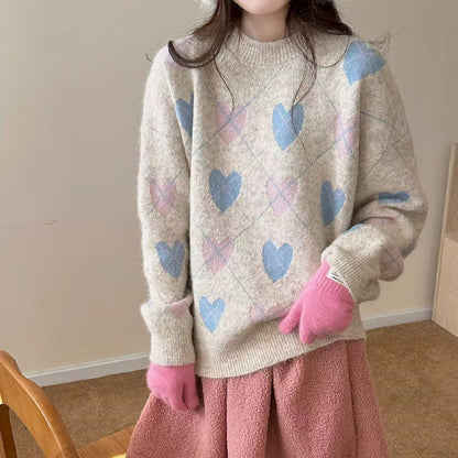 Love jacquard round neck sweater for women
