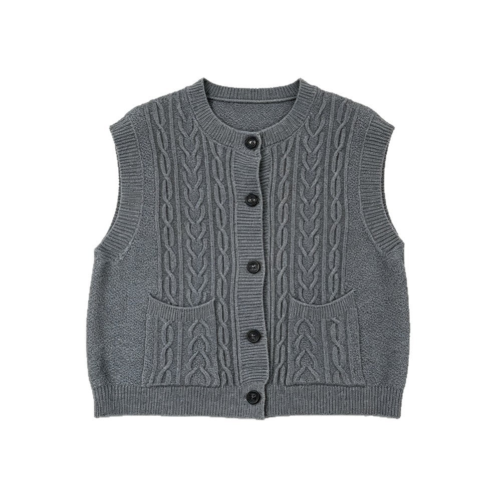 Round neck pocket sleeveless sweater for women