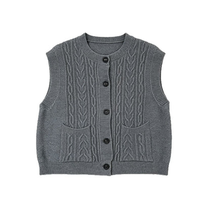 Round neck pocket sleeveless sweater for women