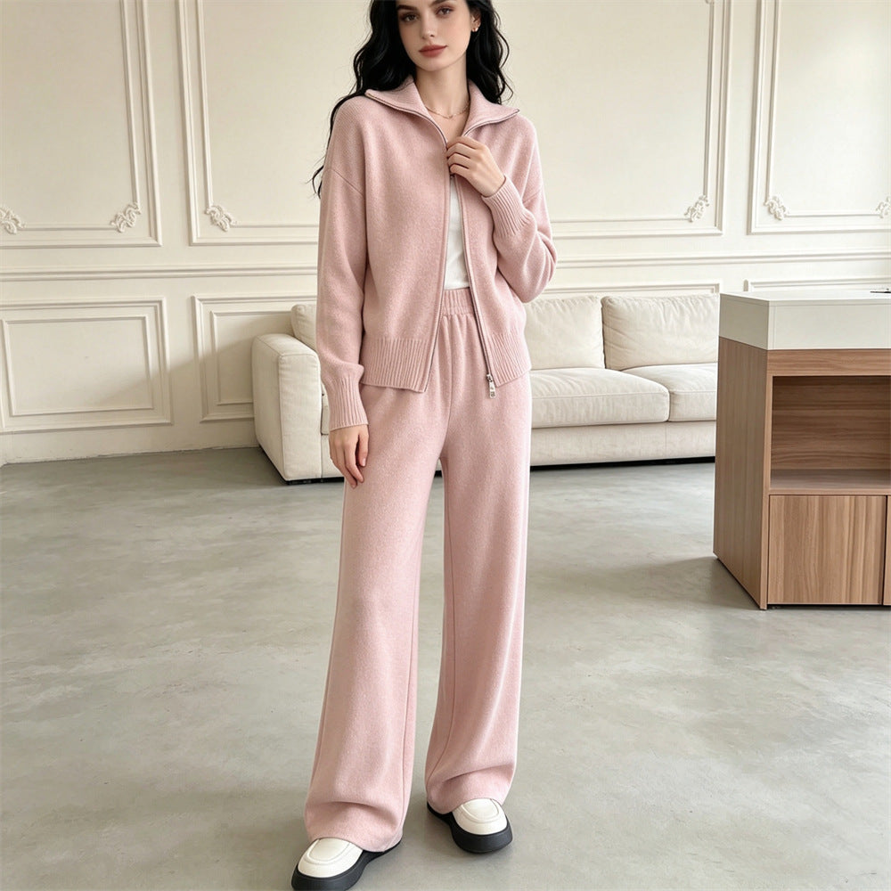 knitted sweater cardigan wide leg pants two-piece set