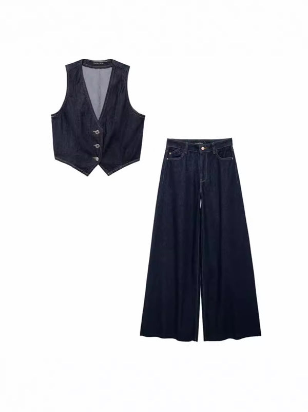 high waisted denim top+pants set