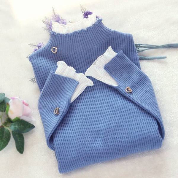 Half High Collar Bottom Sweater With Wooden Ear Edge Top For Women - Stuffs & Savers