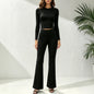 Black knit long sleeve top and flare pants two piece set - view 1