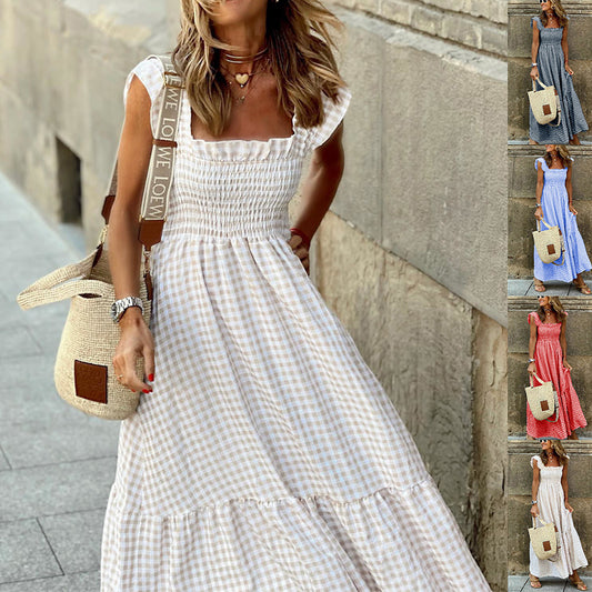 Womens Plaid Print Pleated Ruffle Dress