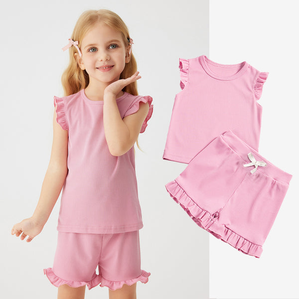 Girls' Solid-Colored Short-Sleeve Shorts Set
