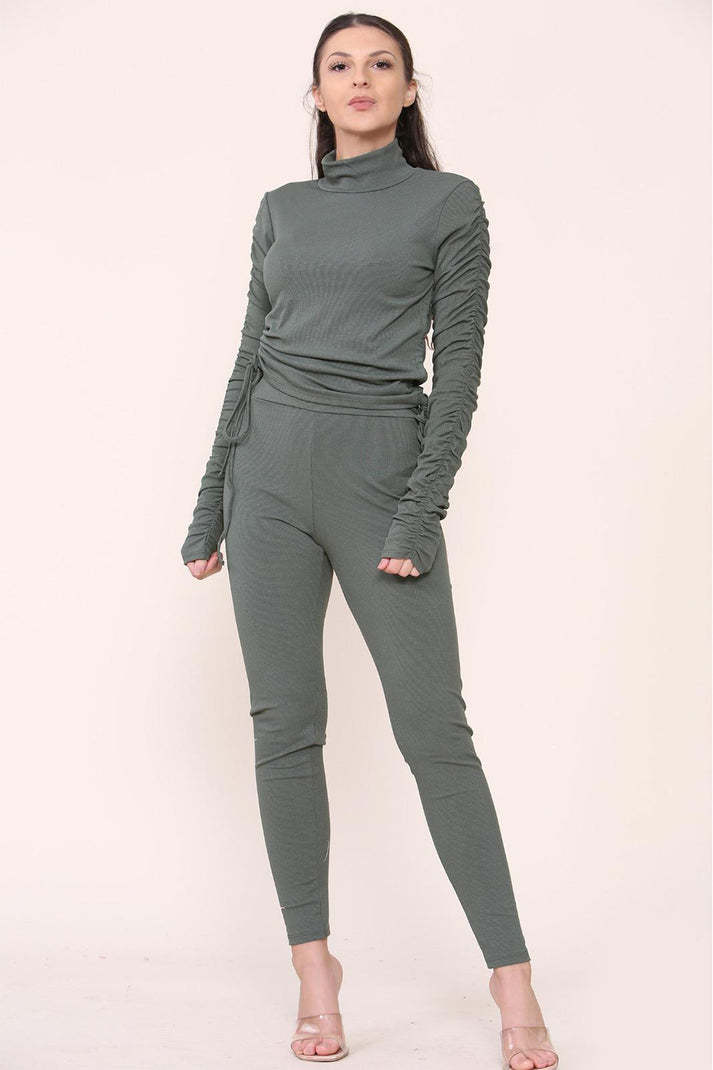 High Neck Drawstrings Ribbed Tee And Leggings Set