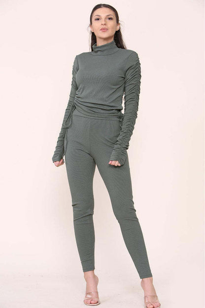 High Neck Drawstrings Ribbed Tee And Leggings Set