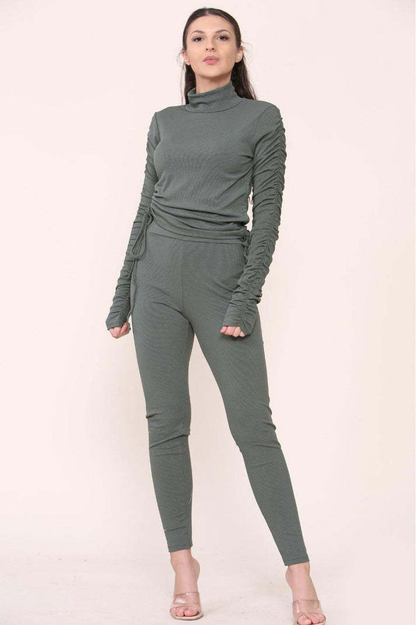 High Neck Drawstrings Ribbed Tee And Leggings Set