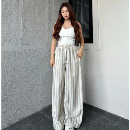 Women's Striped Loose Drawstring Wide-Leg Pants