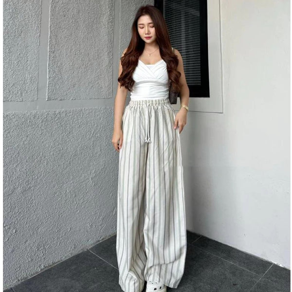 Women's Striped Loose Drawstring Wide-Leg Pants