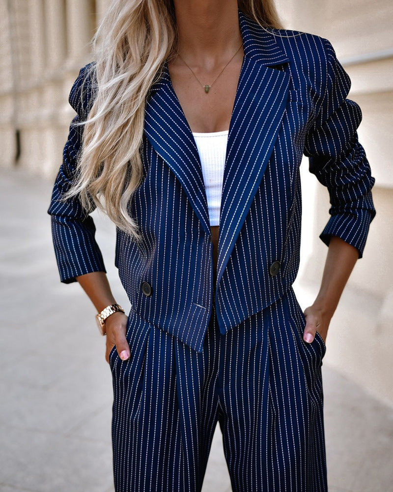 Striped Lapel Cropped Top Pants