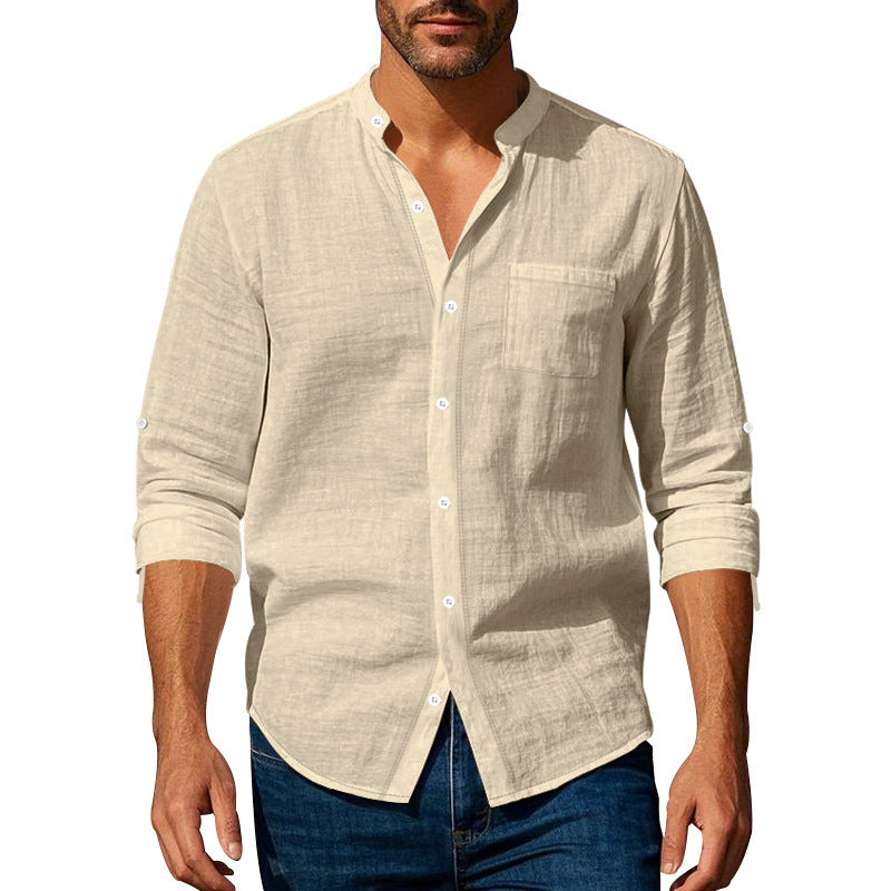 Linen Long Sleeve Stand Collar Shirt
