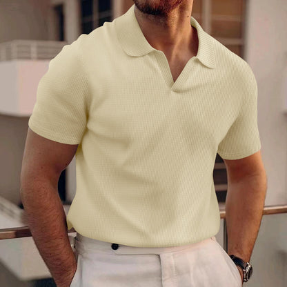 Waffle Lapel Short-sleeved V T-shirts