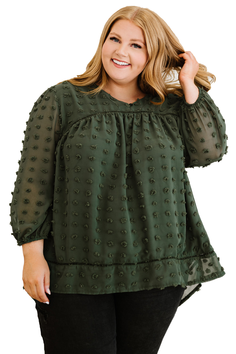 Green Boho V Neck Swiss Dot Bishop Sleeve Plus Size Blouse