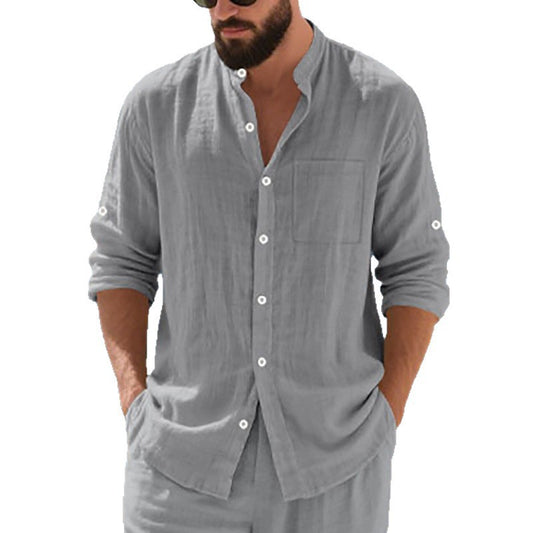 Chemise respirante en lin pour homme à col montant et manches longues