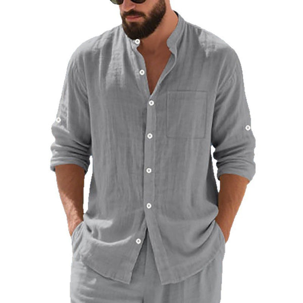 Breathable Linen Mens Button-Up Stand-Collar Long-Sleeve Shirt