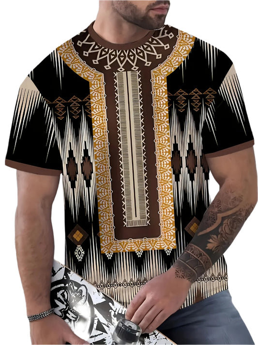 T-shirt décontracté pour homme à col rond avec imprimé géométrique éclatant