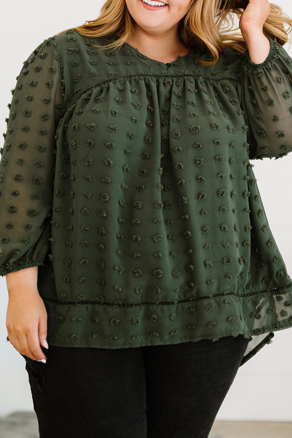 Green Boho V Neck Swiss Dot Bishop Sleeve Plus Size Blouse