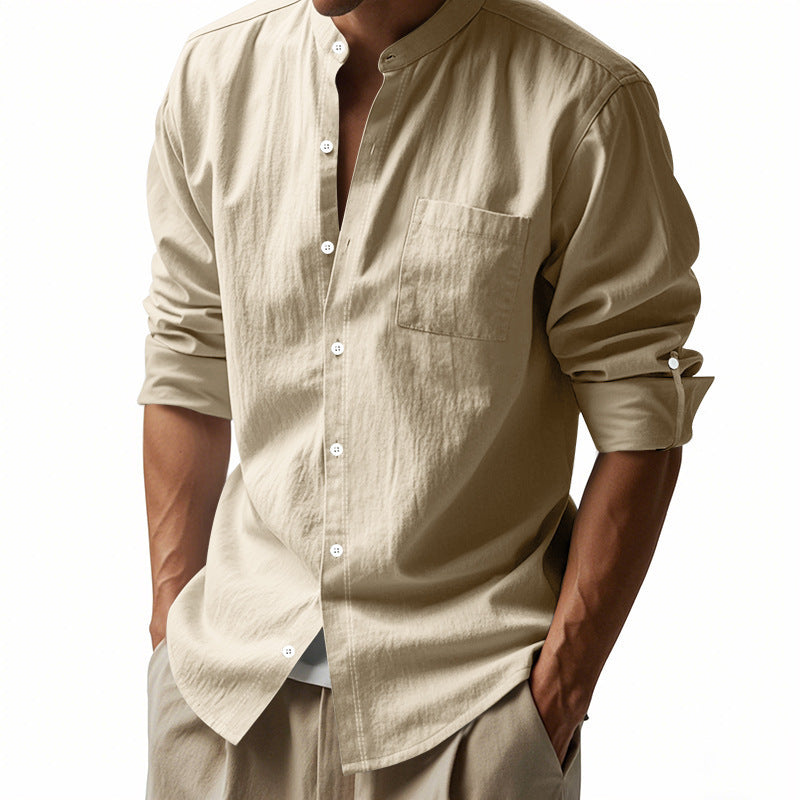 Linen Long Sleeve Stand Collar Shirt