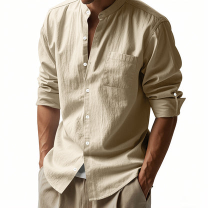 Linen Long Sleeve Stand Collar Shirt