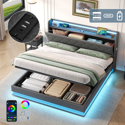 Cadre de lit capitonné King size 150cm avec rangement hydraulique, tête de lit capitonnée LED avec station de recharge et rangement de tête de lit dissimulé, ports USB et Type-C, lin, gris