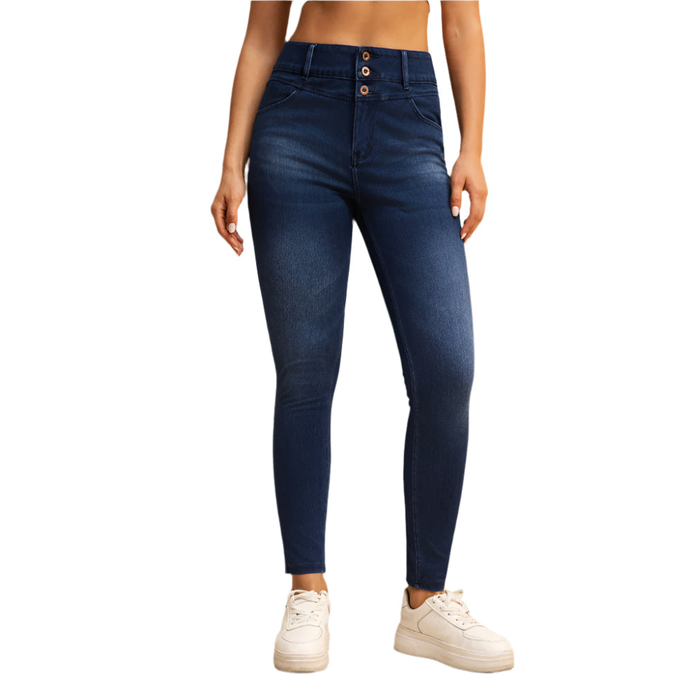 Shascullfites Melody Jean Skinny Taille Haute pour Femme – Jean Stretch Bleu Foncé avec Poches Zippées et Effet Push-Up