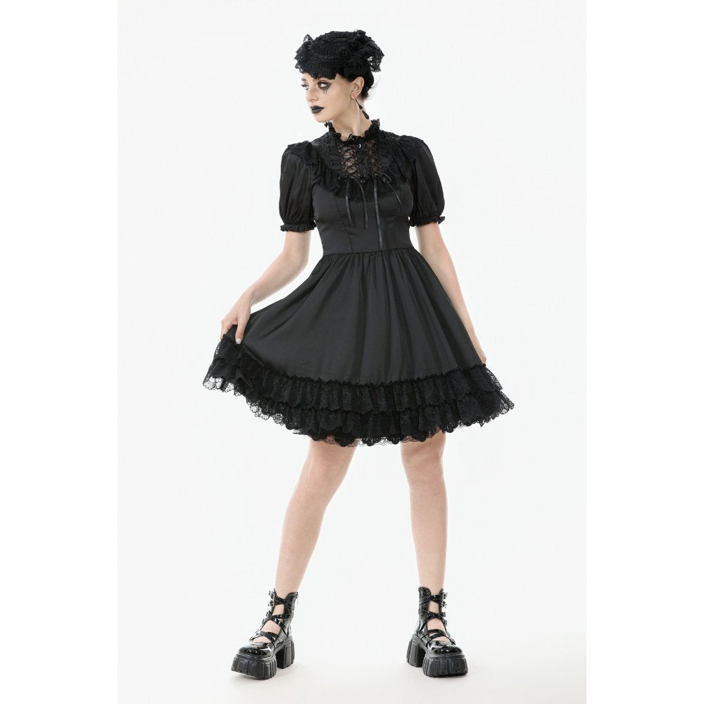 Robe Gothique Noire Dark in Love Belladonna à Manches Bouffantes et Col Montant Lacé