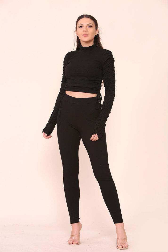 High Neck Drawstrings Ribbed Tee And Leggings Set