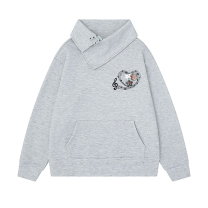 Musical Note Embroidery Scarf Collar LoosePullover Hoodie