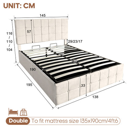 4ft6 Double Upholstered Storage Bed Frame, Velvet Ottoman Bed With Hydraulic Storage, Double Bed With Adjustable Button Tufted Headboard, Metal-Wood Support, No Mattress, Beige