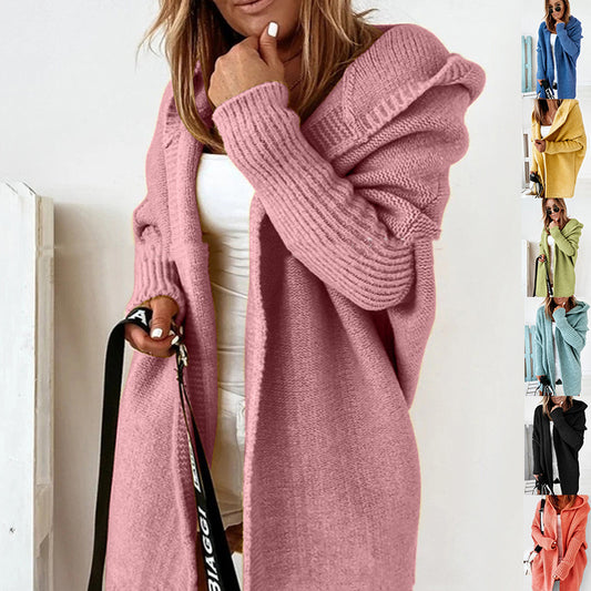 Women's Hooded Cardigan - Loose Knit Batwing Sleeve Sweater