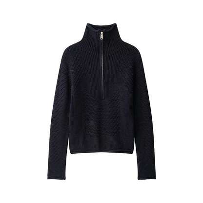 Half zip textured knitted sweater for women