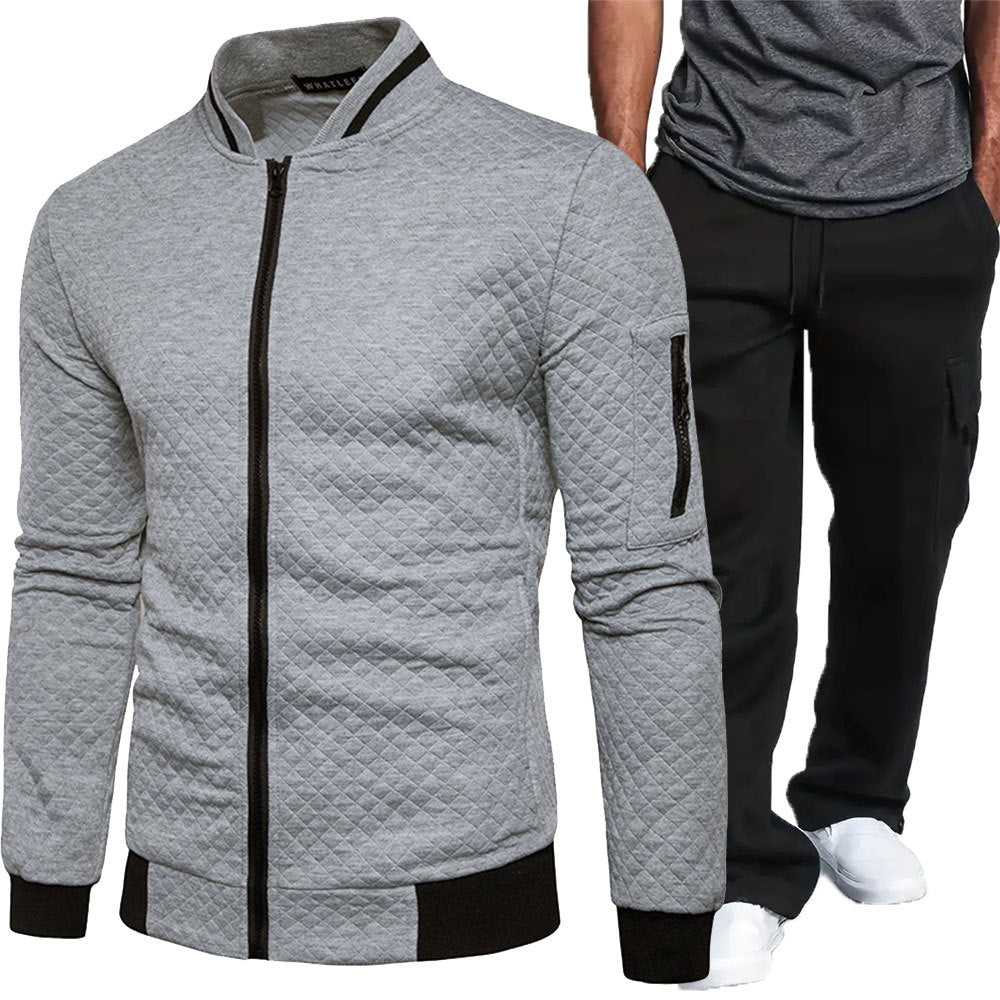 Casual Plaid Zip-Up Fleece-Lined Cargo Jacket and Pants Set