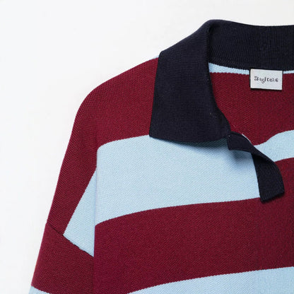 Versatile casual minimalist polo collar long sleeved striped knit sweater for women