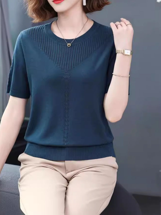 Womens Hollow-out Ice Silk Short Sleeve Round Neck Knitted Shirt