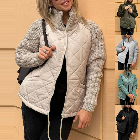 Women's Stand Collar Cotton Jacket - Zip Up Winter Coat with Pockets