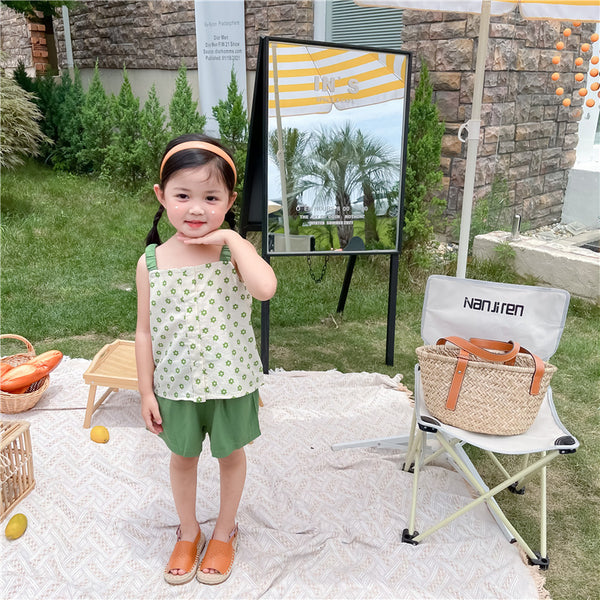 Girl Green Flower Camisole Top And  Shorts Two-piece Suit