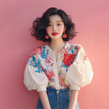 Women's Elegant French Style Puff Sleeve Floral Shirt