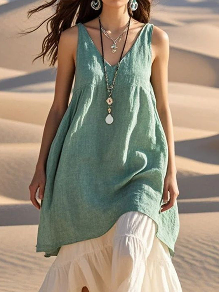 Sleeveless V-Neck Pleated Beach Dress