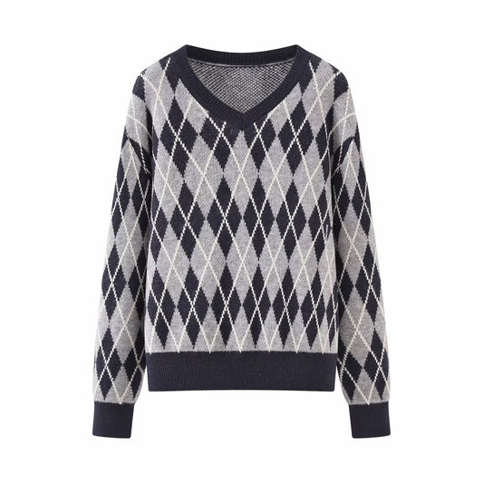 Casual versatile diamond knit sweater