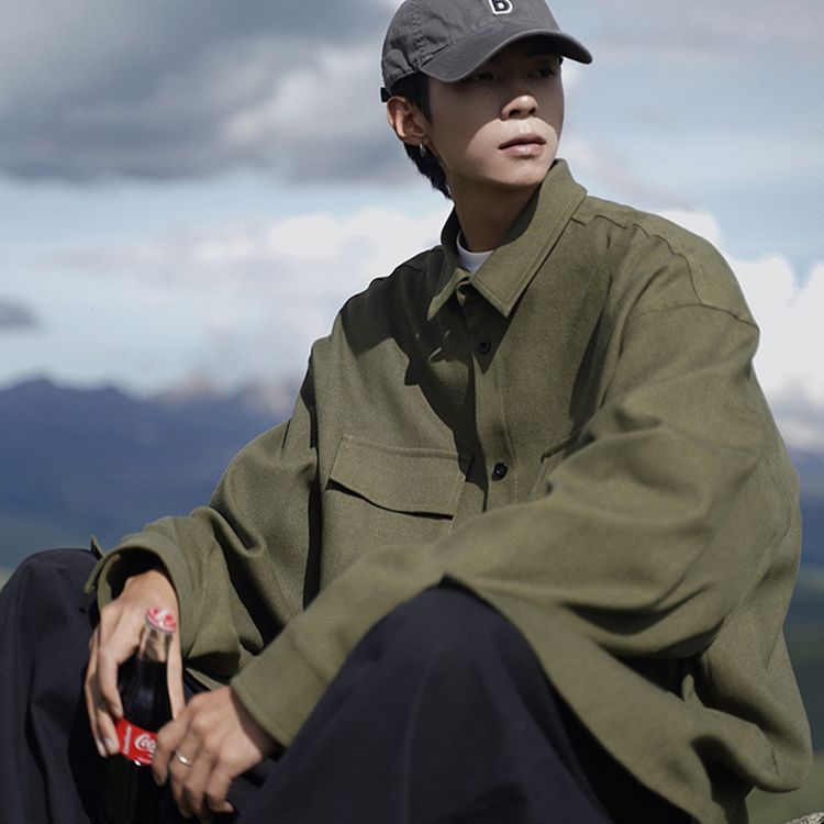 Loose-fitting Trendy Army-green Coat Long-sleeve Shirt