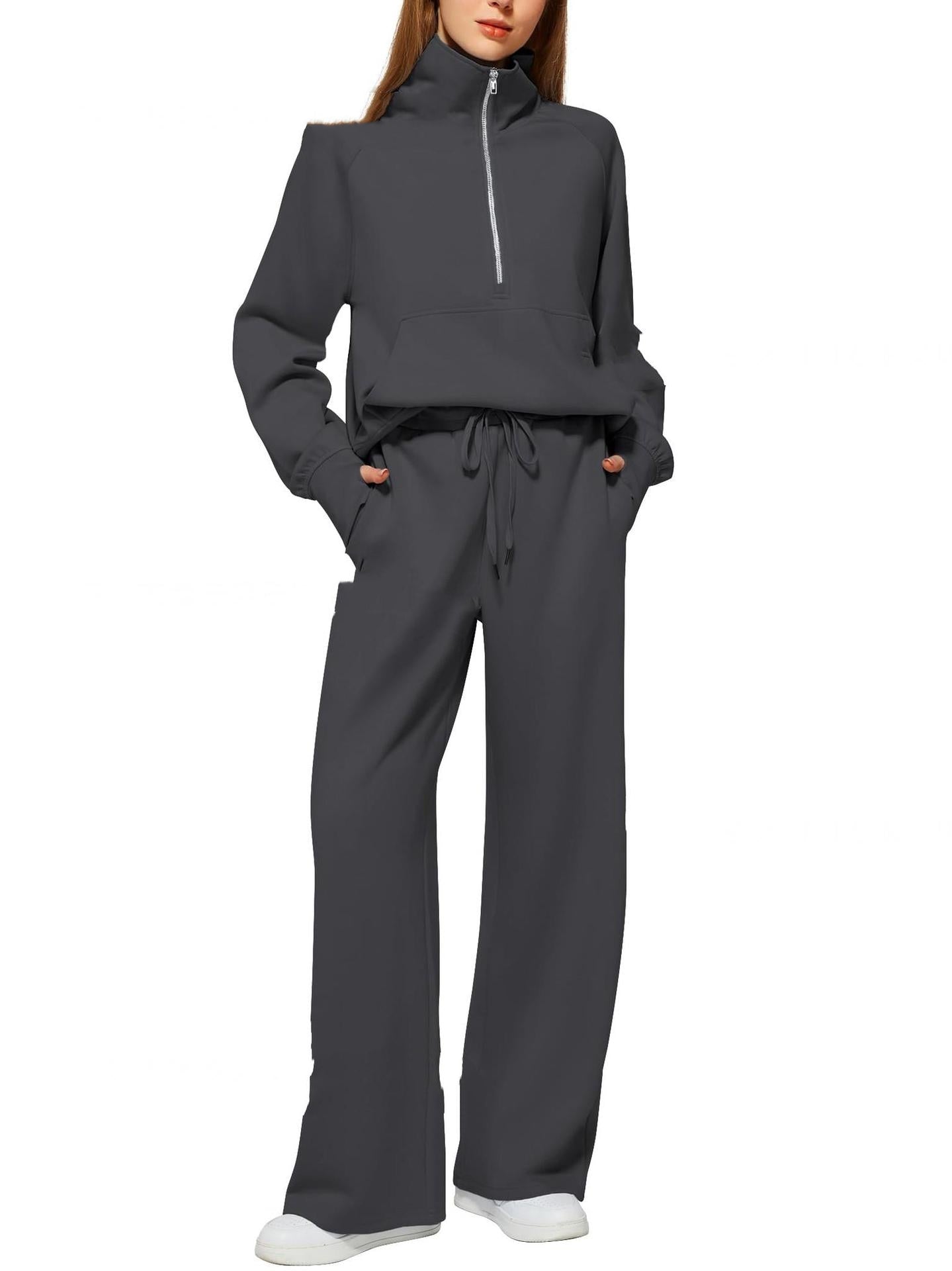 Women's Half-Zip Sweatshirt & Wide Leg Pants Set