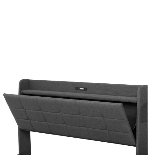 5ft King Bed Frame With Hydraulic Storage, Linen Upholstered Bed With Concealed Headboard Storage And Drawers, Button Tufted Headboard With Charging Station And LED Night Light, Grey