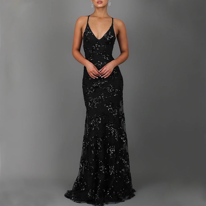 Dress V-neck Brace Backless Sequined Lace-up