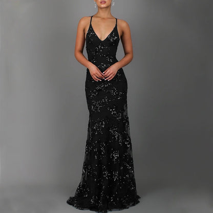 Dress V-neck Brace Backless Sequined Lace-up