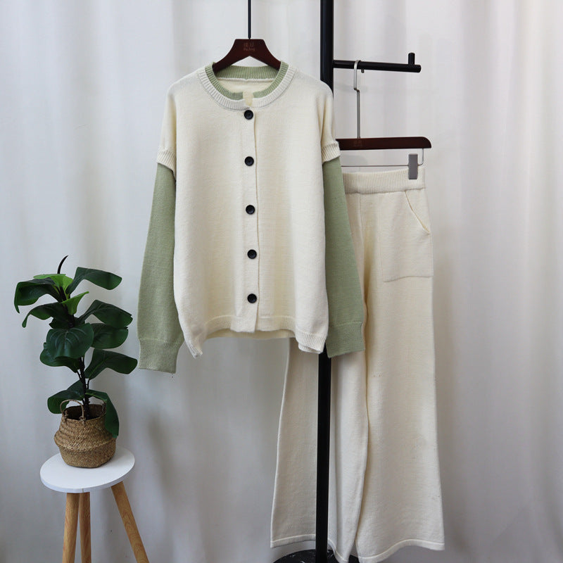 Detachable sleeve knitted cardigan, woolen pants, loose contrasting sweater set
